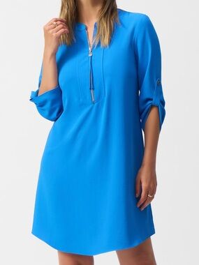 Joseph ribkoff blue shift office mandarin collar mini high neck dress sz 14 NWT
